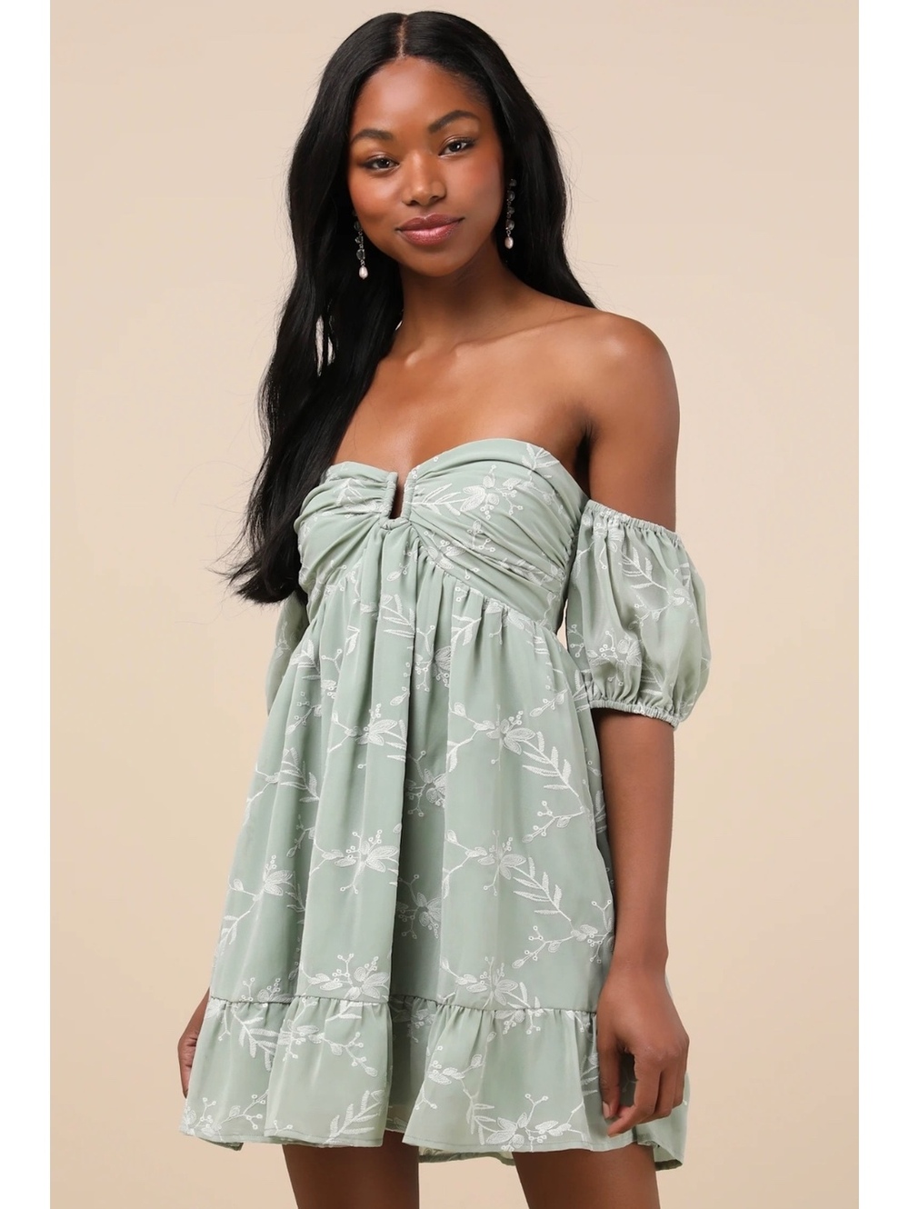 NWT Lulus Cutest Icon Sage Green Embroidered Off Shoulder Mini Dress M